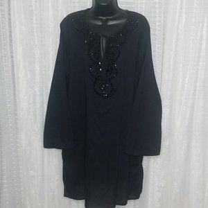 2/$25 or 3/$30 Beach House Black Swim Suit Coverup Tunic W/ Beaded Neck SzL